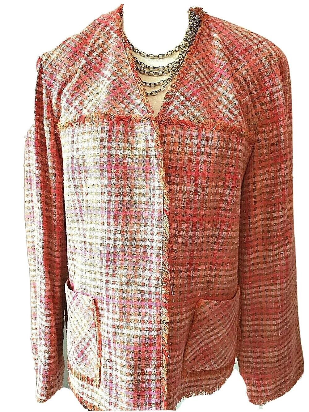 Doncaster Collection Orange Multi Color Tweed Fringe Silk Blazer Jacket 14W Plus